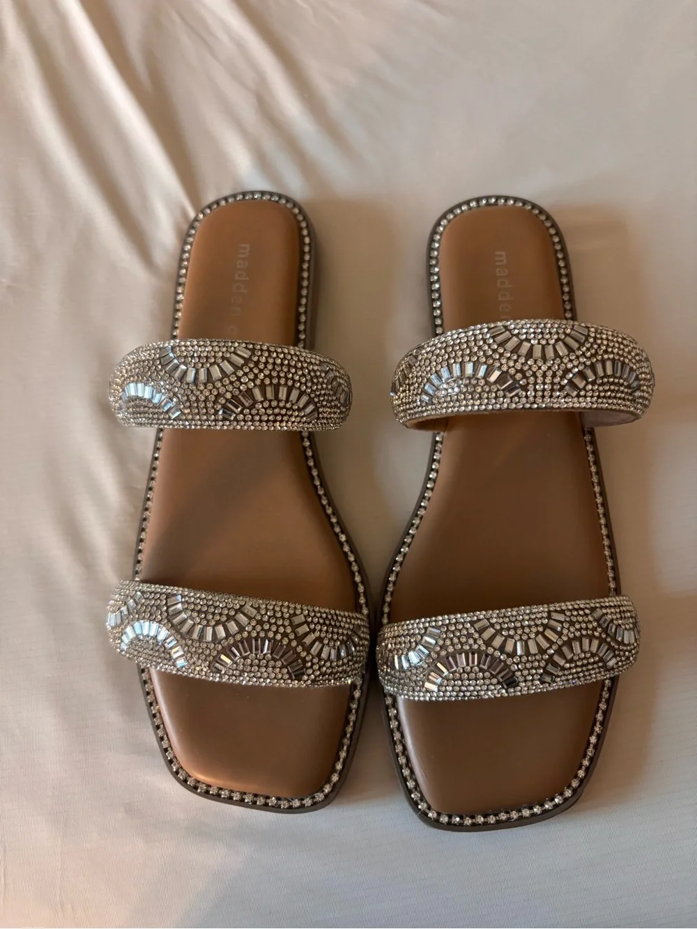 Madden Girl Tan Embellished Double-Strap Slide Sandals